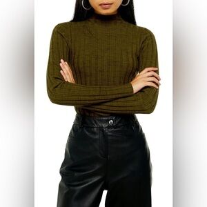 TOPSHOP Marled Ribbed Funnel Neck Sweater Size 12 (UK L) Olive Green Ribbed Top